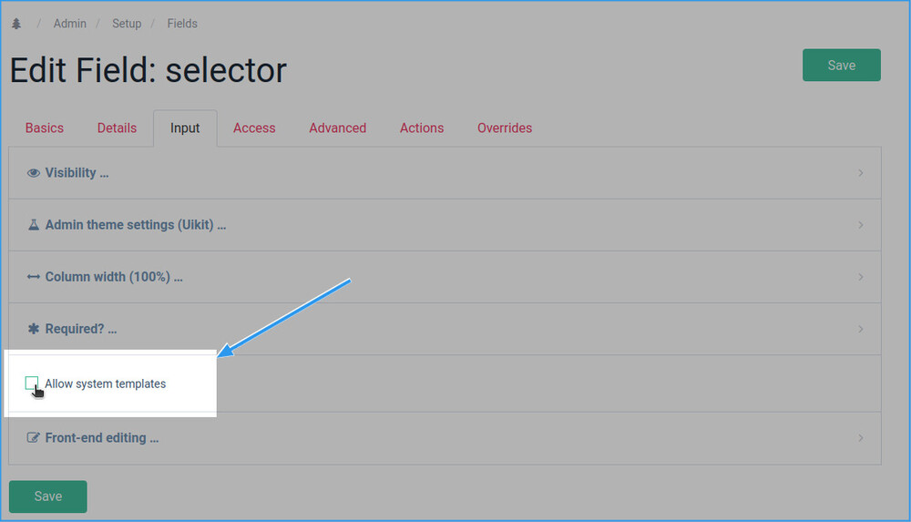 A screenshot of the Field admin page with the new "Allow system templates" checkbox highlighted.
