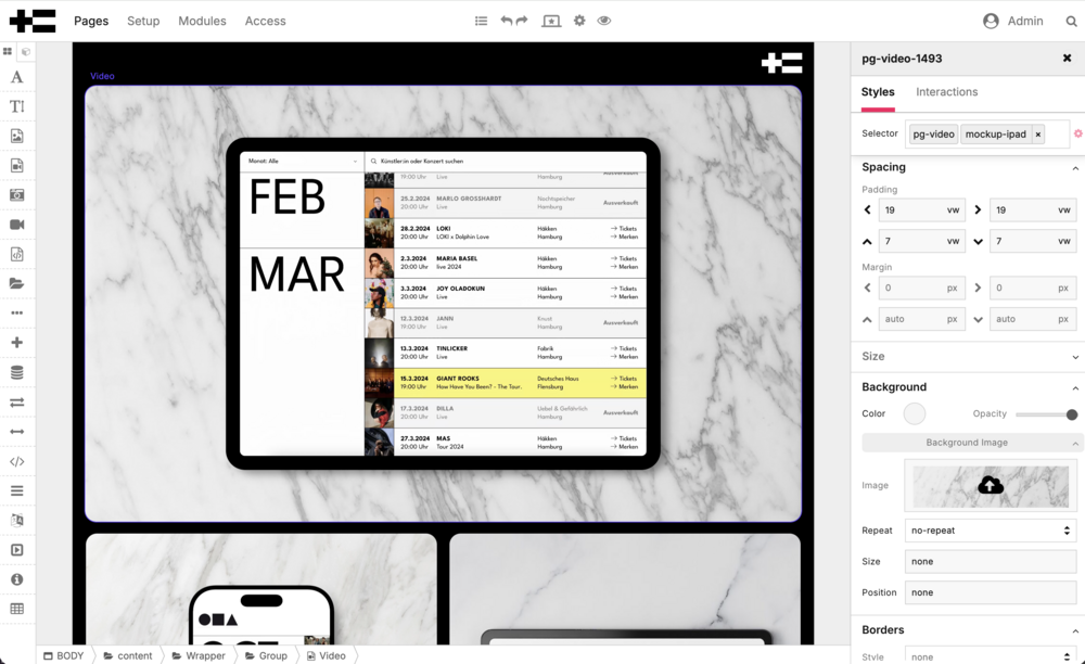 Backend view: Managing project content and layouts with PageGrid.