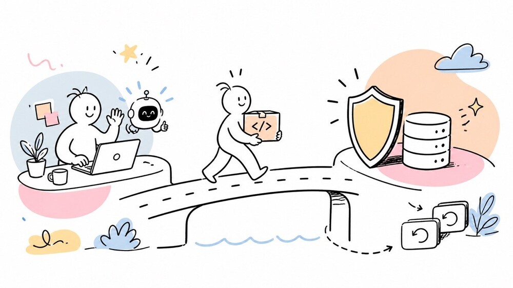 A developer and AI assistant safely deploy code while the production database remains protected